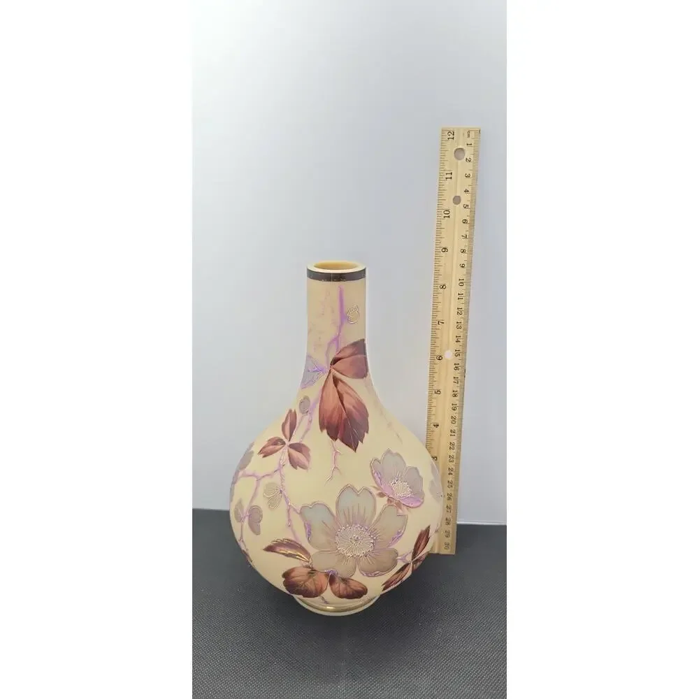 Floral Moriage Style Vase Raised Enamel Pink Gold Cream Decorative 9